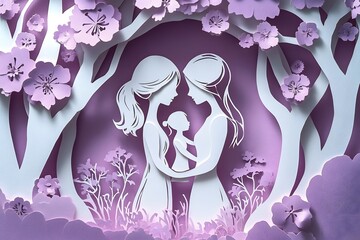 Purple-pink card, paper-cut mom & daughter art.
