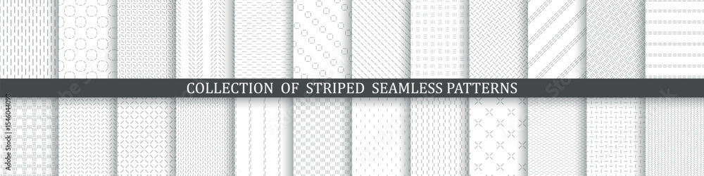 Fototapete Collection of seamless geometric minimalistic patterns - white and gray design. Abstract simple unusual monochrome backgrounds. Delicate prints with symbols. Dash endless textures
