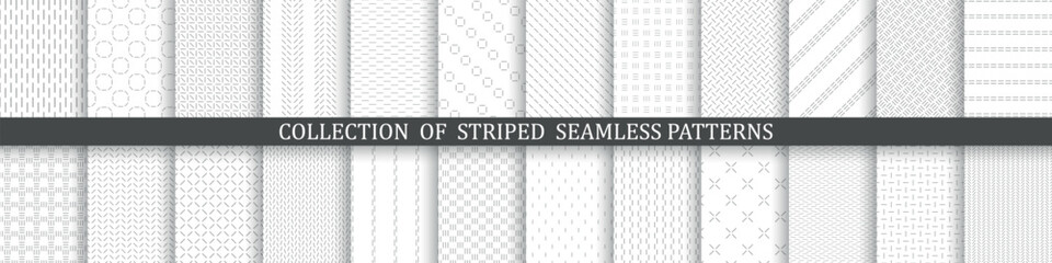 Collection of seamless geometric minimalistic patterns - white and gray design. Abstract simple unusual monochrome backgrounds. Delicate prints with symbols. Dash endless textures