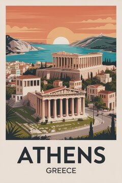 Vintage Travel Poster of the Acropolis and Parthenon in Athens, Greece

