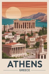 Vintage Travel Poster of the Acropolis and Parthenon in Athens, Greece

