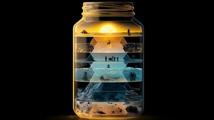 Intricately Layered Jar of Life Priorities Capturing Balance, Resilience, and Translucent Symbolic Growth