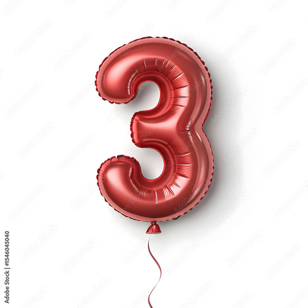 Fototapete a balloon shaped like the number 3,glossy red metallic finish with realistic reflections and smooth 