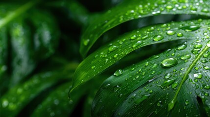 Close-up of vibrant green leaves adorned with sparkling water droplets, showcasing the beauty of nature and the refreshing effects of moisture on foliage.