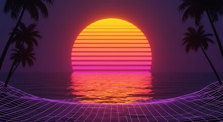 Naklejka premium Retro 80s Synthwave Sunset: Palm Trees and Ocean Reflecting Vibrant Colors