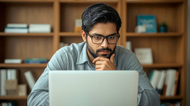 Young serious indian professional business man, focused ethnic male student wearing glasses working on laptop, remote studying using computer looking at screen watching seminar webinar