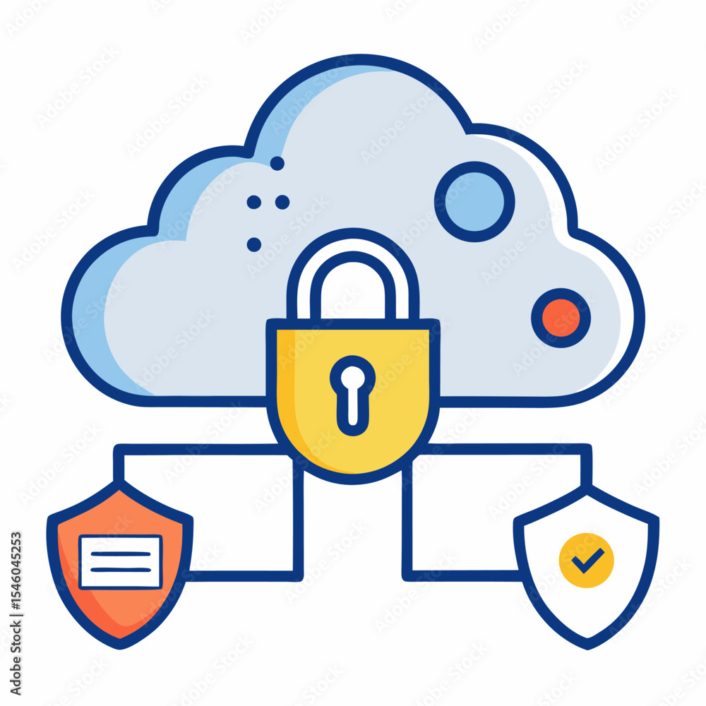 Poster secure cloud computing cloud with lock and shield icon