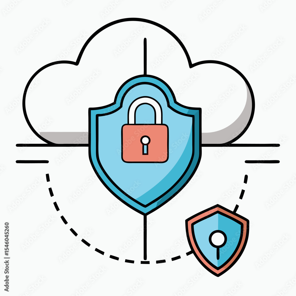 Poster secure cloud computing cloud with lock and shield icon