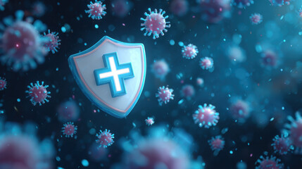 Virus protection banner with shield, cross and bacteria piked cells flying on blue background. Anti bacterial or germ defence, immune system protect medical poster.