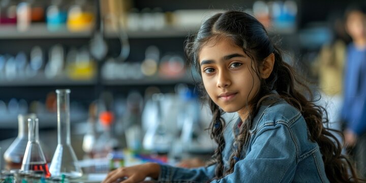 Young girl in science lab looking intently at camera, ready for school experiment and scientific exploration