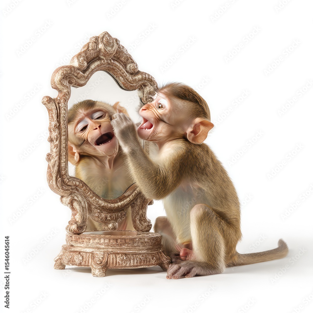 Aufkleber playful baby monkey gazes at reflection in ornate mirror, expressing joy and curiosity while mimicki