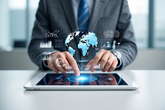 Businessman using tablet to analyze global data and market trends with holographic interface