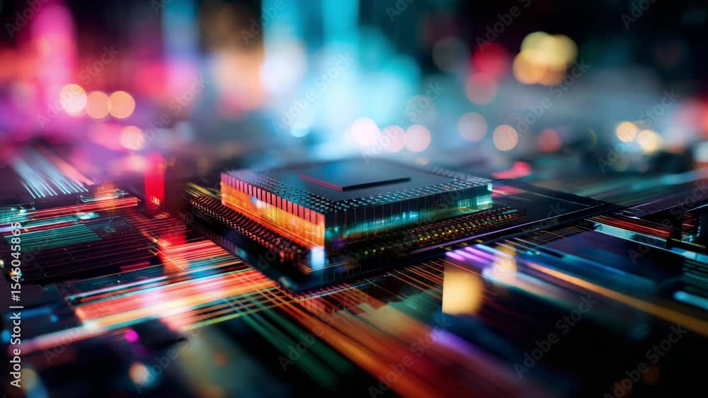 Poster futuristic abstract image of a computer chip surrounded by colorful lights and digital elements