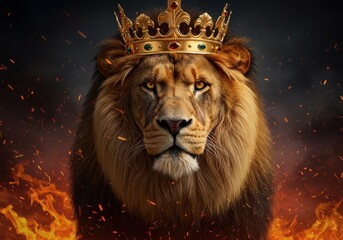Naklejka premium Majestic lion with golden crown royalty power and leadership concept