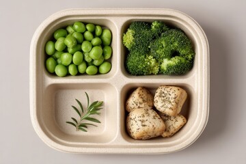Healthy meal prep featuring green peas, broccoli, and savory herb dumplings arranged in a sustainable container capturing the essence of plant-based nutrition and vibrant flavors