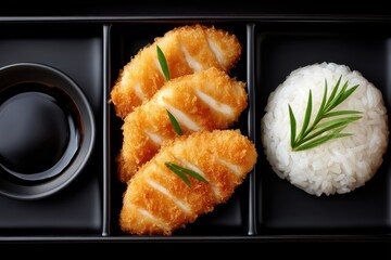 Deliciously crispy fried fish fillets served elegantly on a black platter with fluffy white rice and garnished with fresh green herbs showcasing a harmonious culinary experience