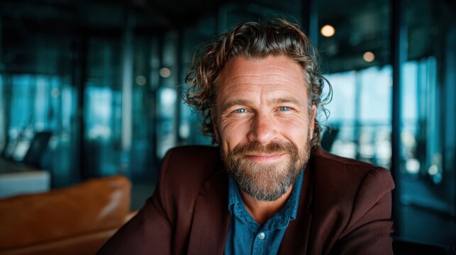 A charismatic man with curly hair smiles confidently in a modern office space, showcasing a blend of professionalism and approachability in his aesthetic.