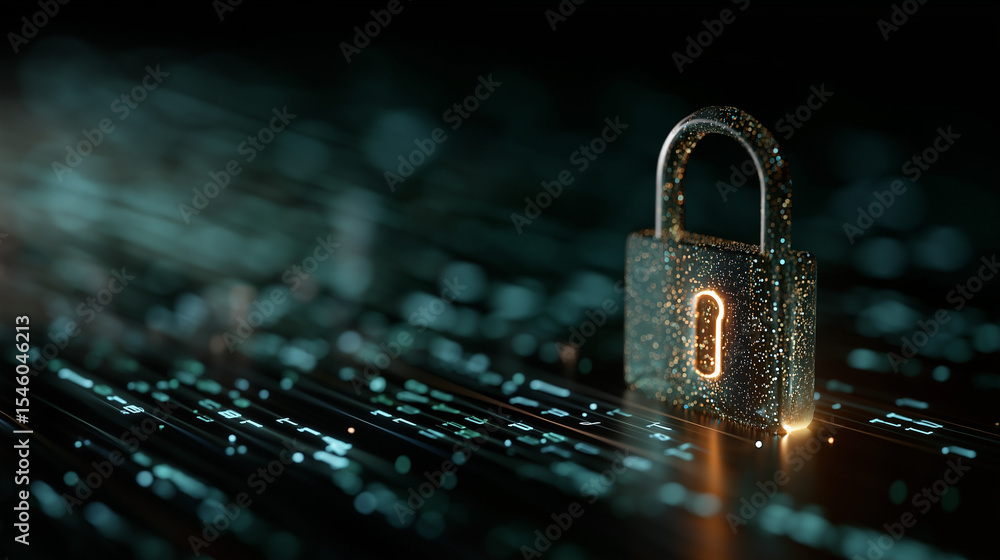Poster cybersecurity sentinel: an illuminated padlock stands as a digital guardian, its intricate design ec