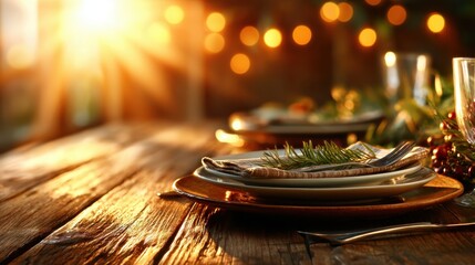 A beautifully arranged dinner table adorned with natural elements under a warm sunset, inviting guests to enjoy a memorable dining experience in a romantic atmosphere.
