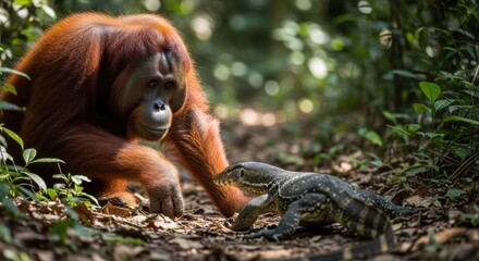 Naklejka premium Orangutan and monitor lizard forest encounter wildlife photography