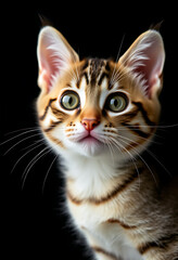 Fototapeta premium Adorable tabby kitten portrait against black background, curious expression, soft fur, green eyes