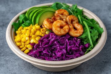 Freshly prepared bowl featuring shrimp, vibrant greens, and colorful vegetables, showcasing a nutritious meal option promoting healthy eating habits and culinary creativity