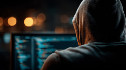 Anonymous Pursuit of the Digital World: The image presents a person, cloaked in a hooded sweatshirt, hunched over a computer screen, immersed in a realm of digital code and data. The scene.