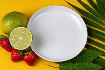 Fresh citrus fruits arranged beside a blank plate showcasing vibrant colors and natural textures evoking a sense of summer freshness and culinary creativity for food presentation