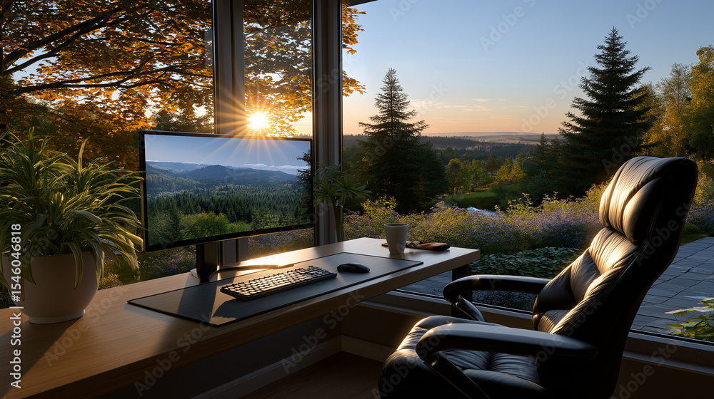 Poster sunrise workspace: a sun-drenched workspace with a view of nature's canvas, a symphony of light cast