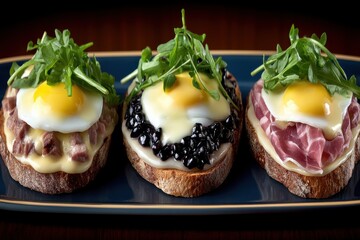 Gourmet breakfast sandwich trio featuring creamy eggs and fresh arugula on artisanal bread topped with savory meats and rich cheeses capturing delicious culinary artistry