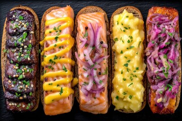 Gourmet bread slices topped with savory salmon variations including grilled and creamy flavors, creating a delightful culinary experience capturing the essence of modern gourmet cuisine