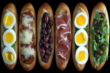 Artful arrangement of diverse gourmet sandwiches showcasing creamy eggs flavorful meats and fresh greens against a striking dark backdrop highlighting culinary creativity and presentation mastery