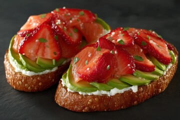 Delicious avocado toast topped with fresh strawberries and creamy cheese garnished with herbs on a textured black slate plate showcasing a vibrant, healthy culinary creation