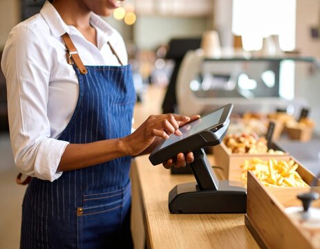 Smiling barista using tablet at counter with pastries and fries in a cafe