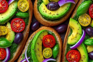 Colorful avocado toast topped with fresh cherry tomatoes, olives, and basil on artisan bread, showcasing healthy eating, culinary creativity, and vibrant flavors celebrating nutritious cuisine