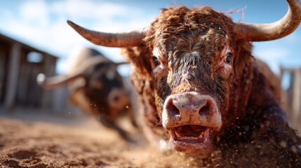 A dynamic shot of a powerful bull charging through the dust, showcasing strength and raw energy in an exhilarating moment on an open ranch.