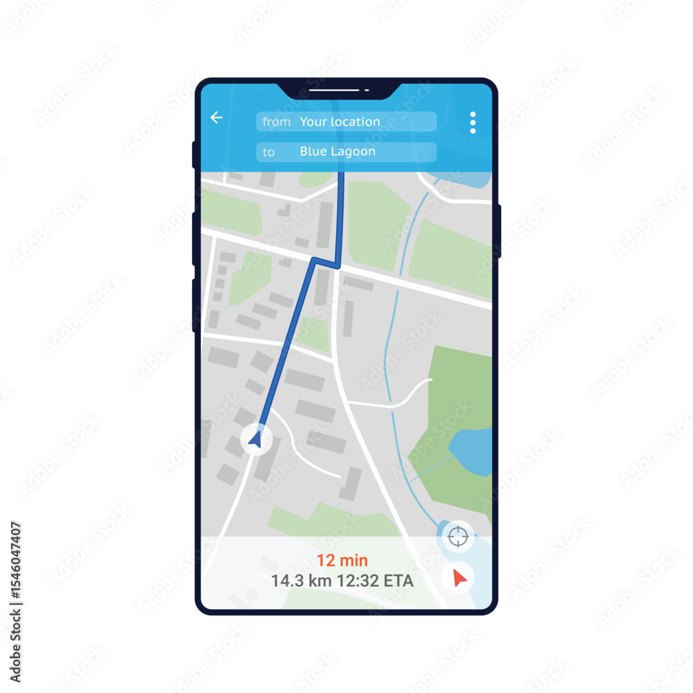 Poster phone map realistic ui app. mobile application with route location and direction. satellite map view