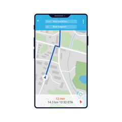 Phone map realistic UI app. Mobile application with route location and direction. Satellite map view with roads and route. Smartphone navigation interface of GPS app. Vector city map app.