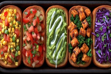 Colorful and appetizing variety of healthy toppings on toasted bread featuring corn, fresh vegetables, creamy avocado, grilled tofu, and cabbage creating a delightful food composition and