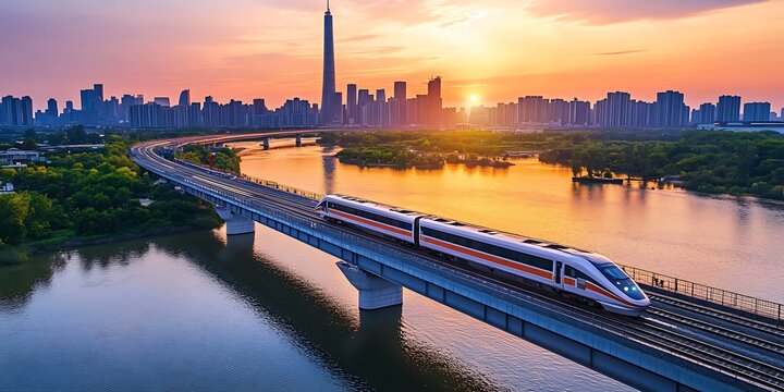 Stunning Sunset Panorama HighSpeed Rail Gliding Through Modern Cityscape