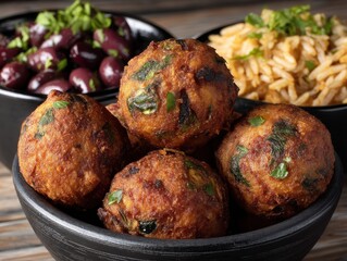 Savory Indian street food featuring crispy fritters garnished with fresh herbs served alongside flavored rice and black beans beautifully arranged in rustic bowls