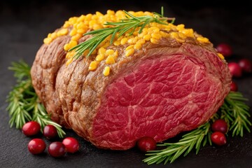 Succulent beef roast garnished with golden lentils and aromatic rosemary served alongside fresh cranberries showcasing culinary artistry and gourmet presentation for festive feasting
