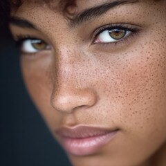 Close-up portrait showcasing a young woman with striking freckles and captivating brown eyes emphasizing natural beauty and individuality in a contemporary setting