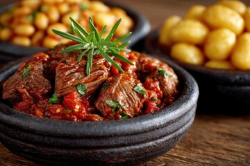 Tender beef stew garnished with fresh rosemary served alongside creamy gnocchi and baked beans highlighting the rustic charm of comfort food in a warm inviting kitchen setting