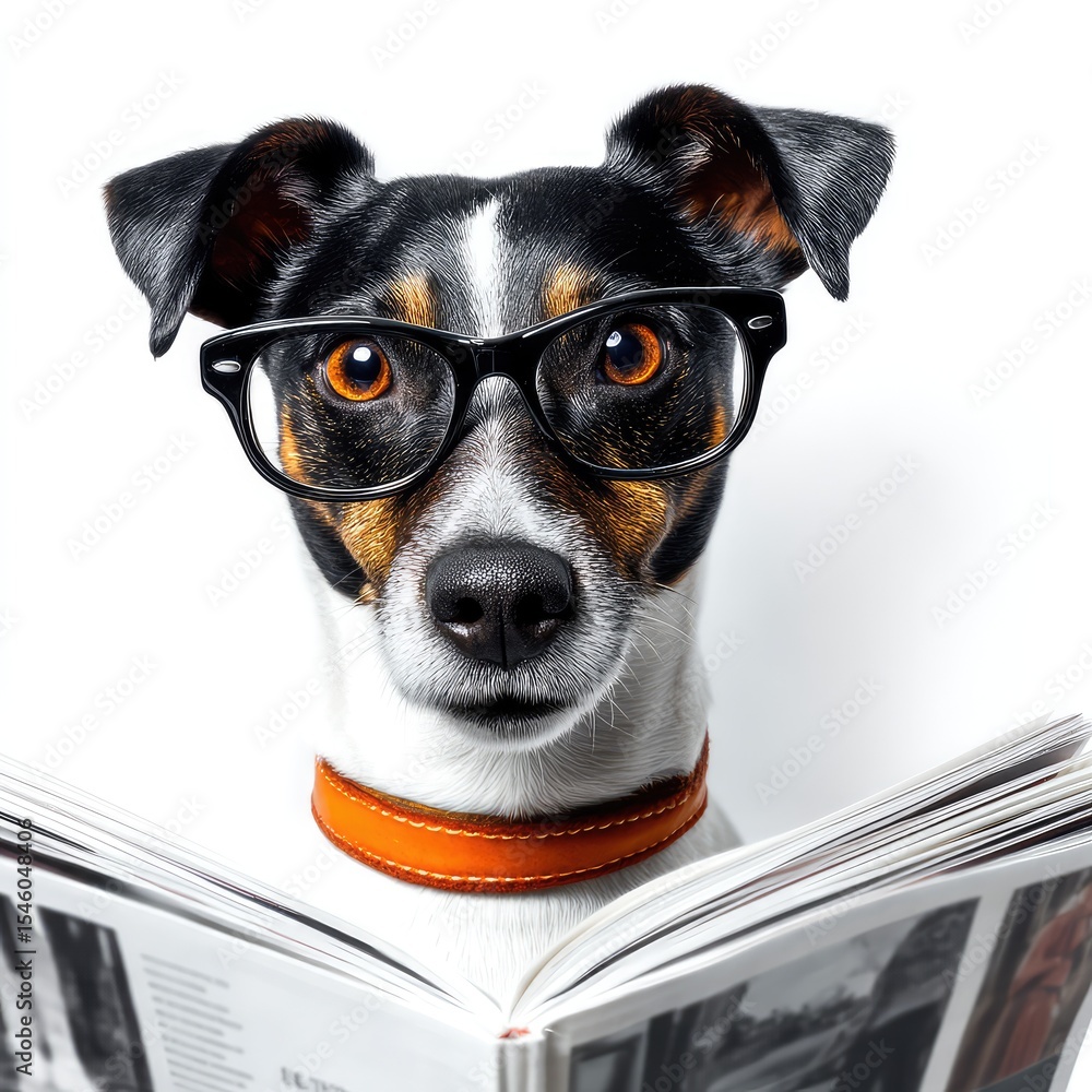 Poster a curious dog with glasses reads a book in a bright studio setting, emphasizing intelligence and pla