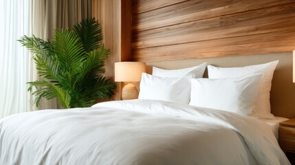 A beautifully designed bedroom featuring plush white bedding, a wooden accent wall, and plant decor, creating a serene environment for relaxation and restful sleep.