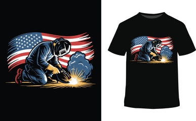 Patriotic Welder Kneeling Welding Sparks Blue Smoke Dark Background T Shirt Design