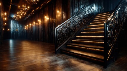 An elegantly designed staircase is illuminated by warm chandelier lights, creating a luxurious atmosphere in a dimly lit, stylish interior space.