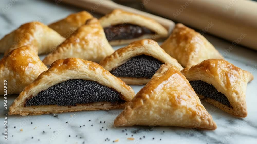 Poster a plate of pastries with a pomegranate filling. the pastries are triangular in shape and are arrange