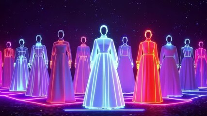 Neon Fashion Show: Holographic Models Displaying Futuristic Gowns in a Virtual Runway - Powered by Adobe